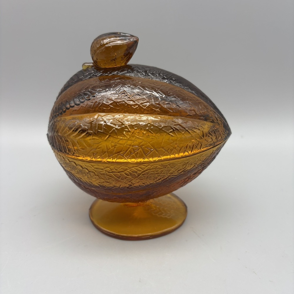 L.E. Smith Amber Glass Oak Leaf & Acorn Footed Candy Dish MCM As Is